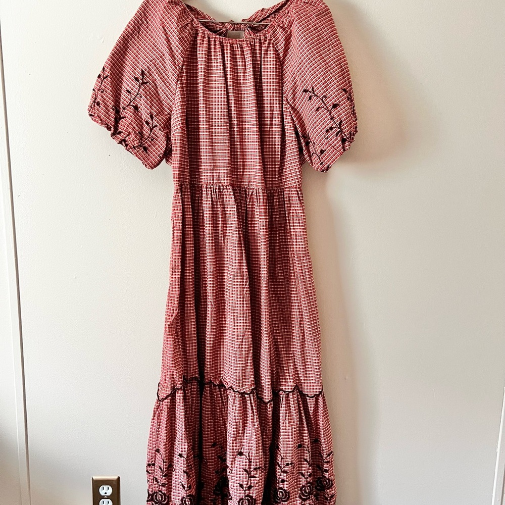 Elegant Red Gingham Dress with Maroon Embroidery